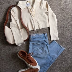 Princess Polly cropped neutral cotton cardigan size 4 small spring layering